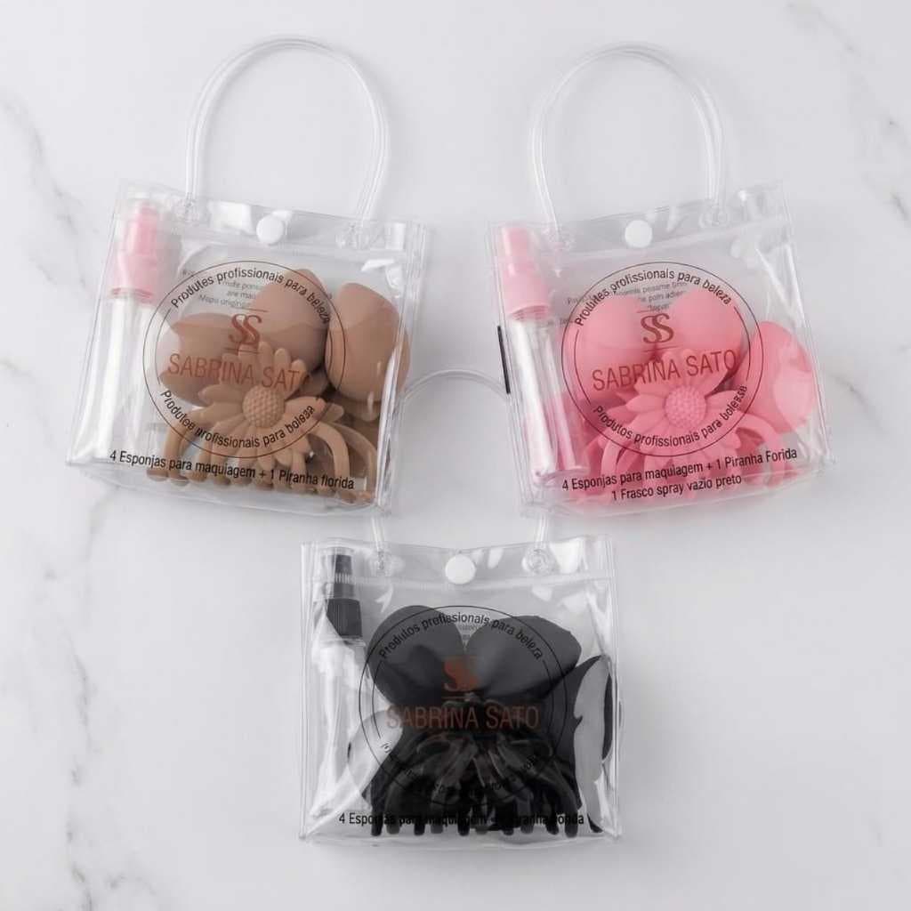Kit Maquiagem Completo Sabrina Sato Esponjas Puff Piranha Cabelo Spray Necessaire Transparente