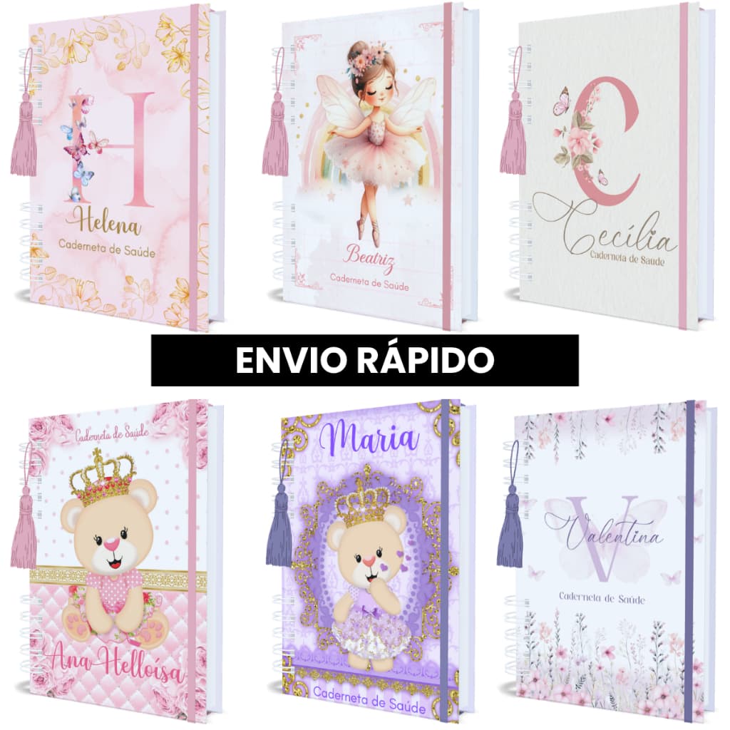 Caderneta de Vacinação Menina Personalizada Atualizada Capa Dura Vários Temas Modelos Alfabeto Nome