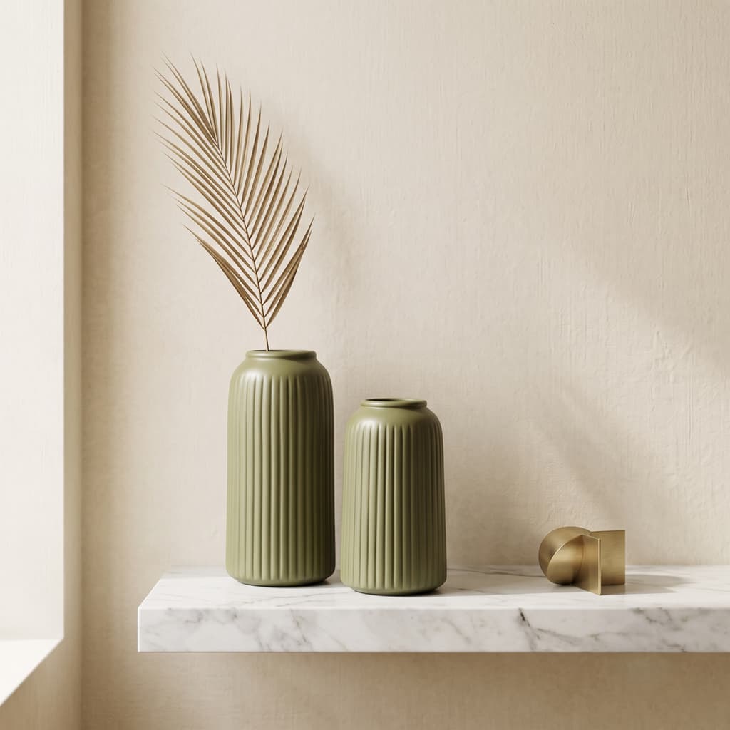 Kit 2 Vasos Decorativos Cerâmica Waves Verde Oliva Minimalist