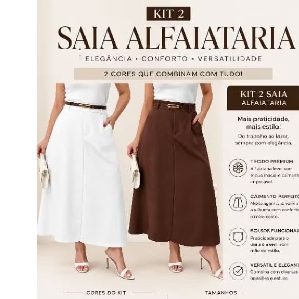 KIT 2 Saia Longa Feminina com Modelagem Elegante em Alfaiataria Cintura Alta Ciper Lateral y Bolsos