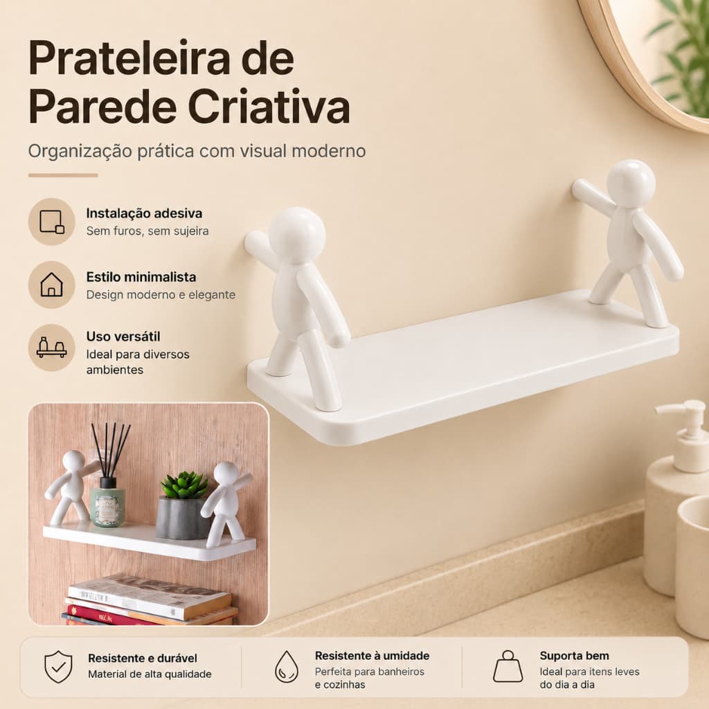 Kit 2 prateleira sem perfuração branco Organizador Decorativo Boneco