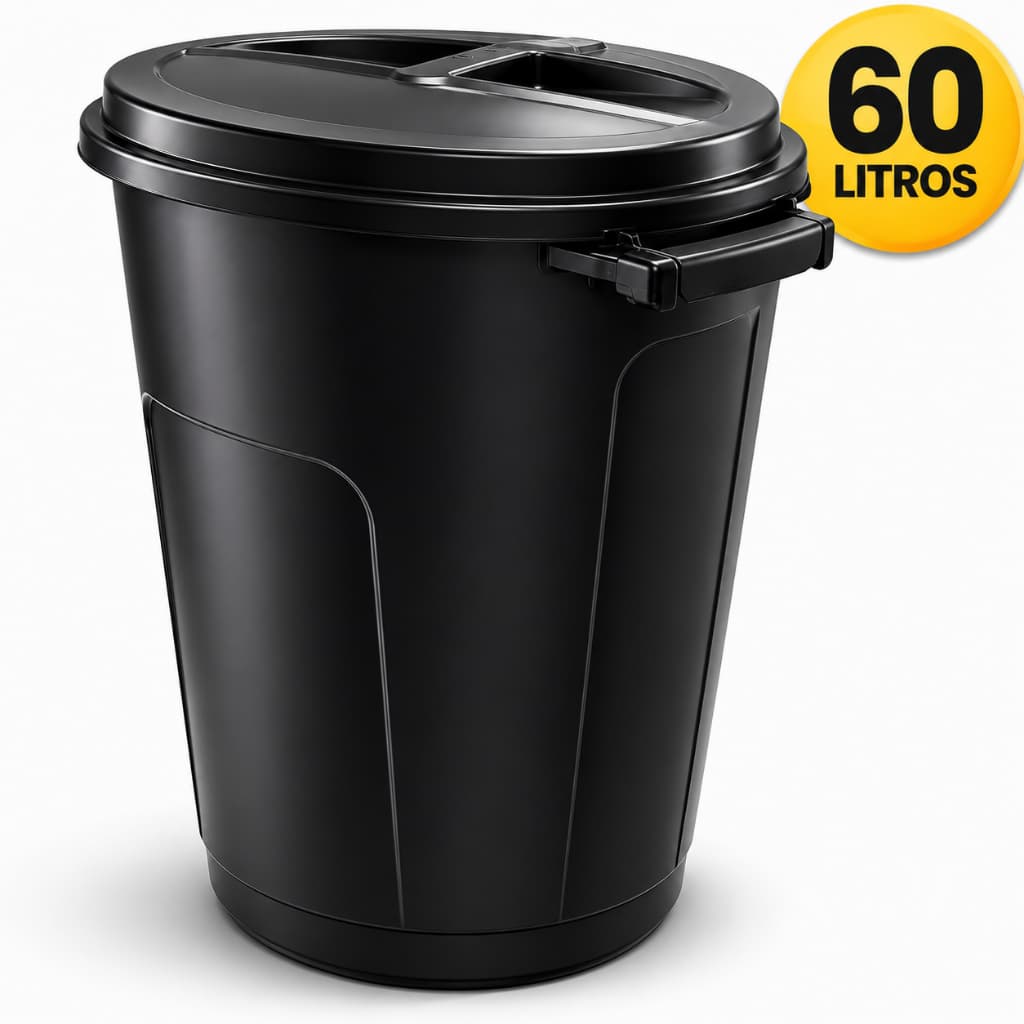 Lixeira Plástica 60 Litros Com Tampa Resistente Preta Organizador Casa Escritório