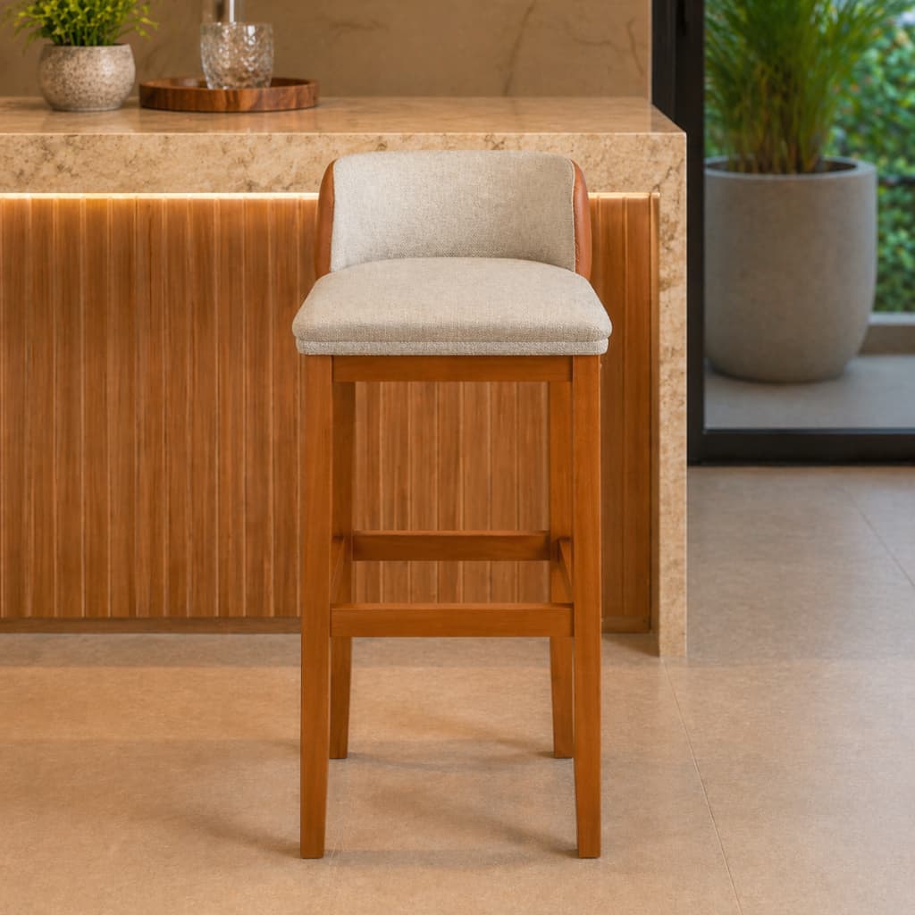 Banqueta Onix Alta Estofada para Área Gourmet e Balcão Cozinha Pés Madeira Maciça