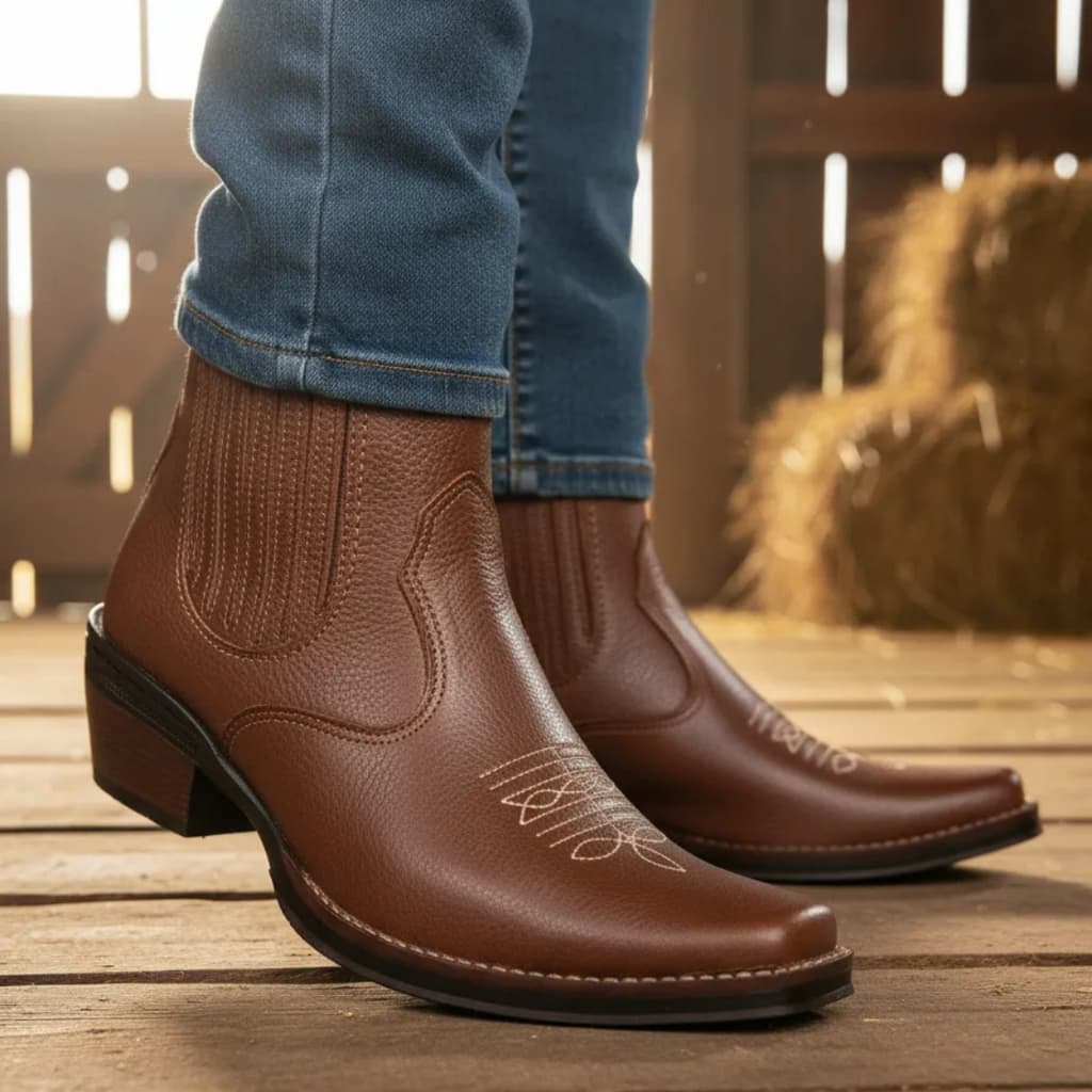 Bota Country Masculina Couro Legitimo Botina Solado Borracha Costurado Salto Alto Carrapeta 3331 Top