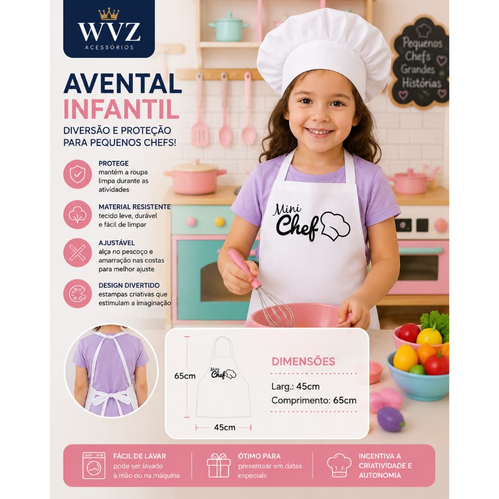 Avental Infantil Vida Pratika Mini Chef Branco