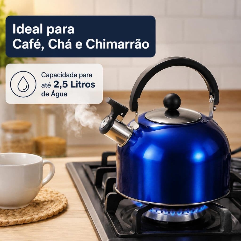 Chaleira Aço Inox Azul Com Apito 2 Litros Linda Elegante Café Chá