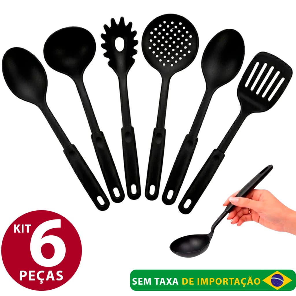 Kit 6 Utensílios de Cozinha Talheres Nylon Preto 28cm Resistentes Colher Concha Espátula
