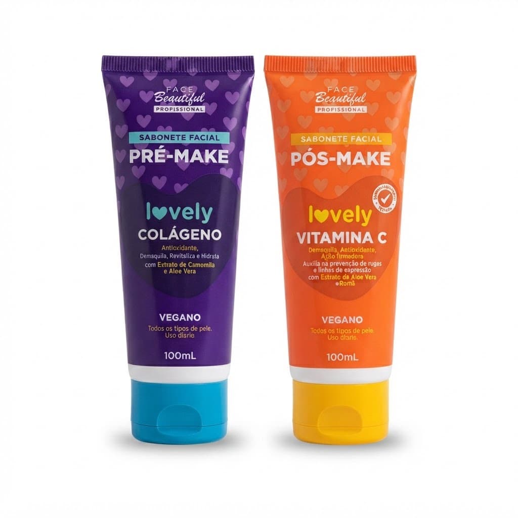 Kit Sabonete Facial Face Beautiful Pré Make Colágeno Pós Make Vitamina C 2x100ml Vegano Hidratação Facial gel