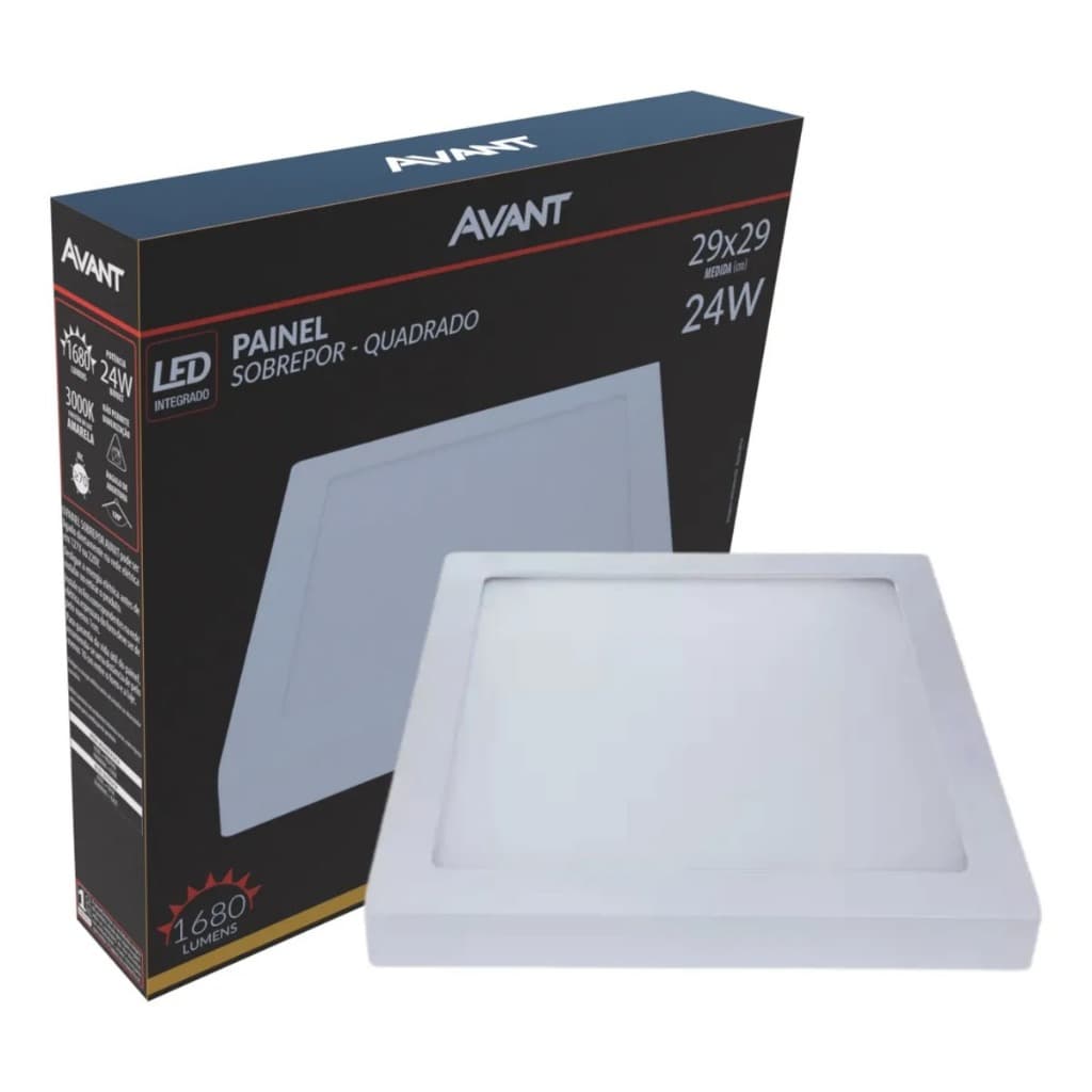 Plafon LED Sobrepor 24W Avant Quadrado 3000K Branco Quente Bivolt Painel Slim Alumínio para Gesso PVC Madeira