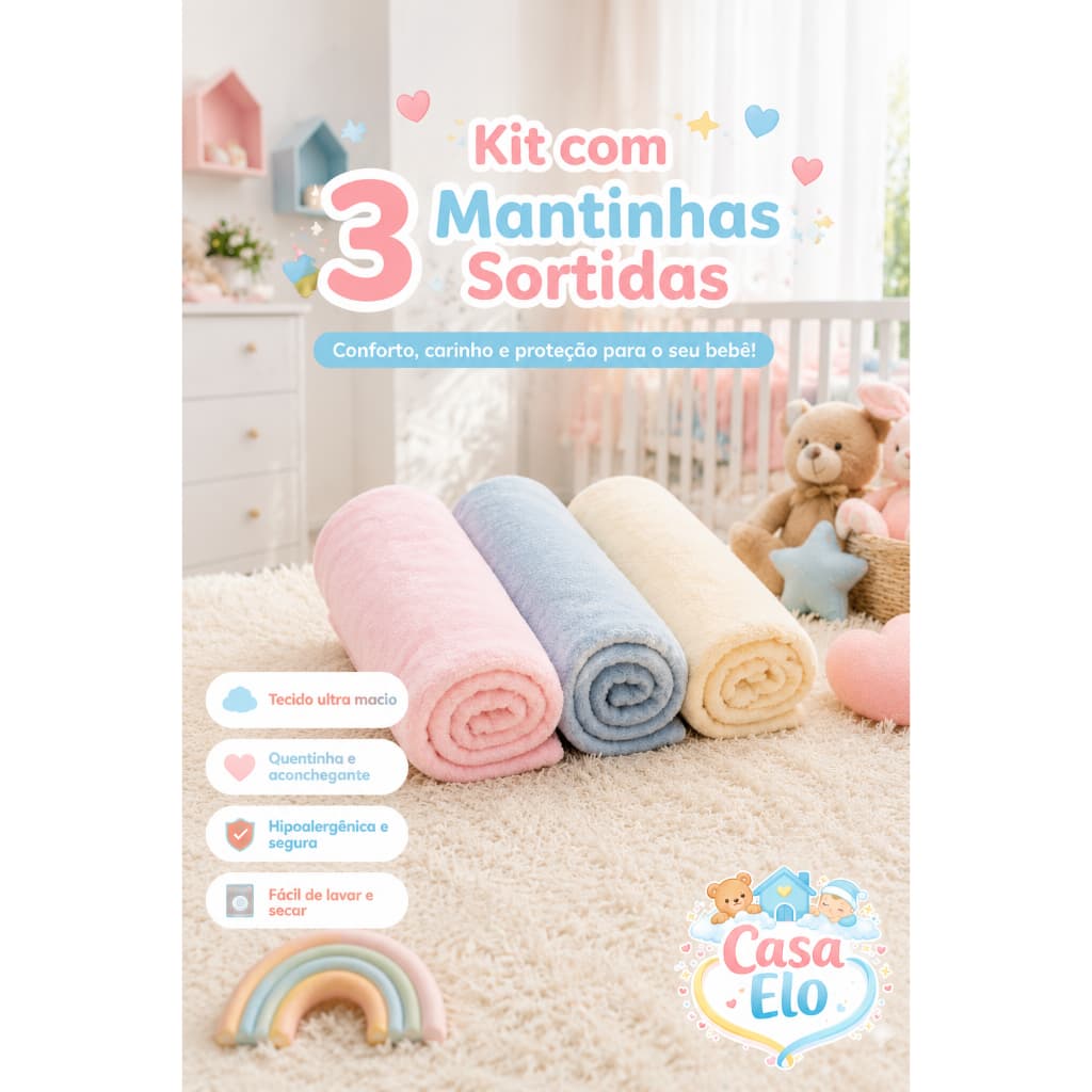 Kit 3 Mantinhas Bebê Soft Microfibra 80x115cm Cobertor Macio Antiácaro Enxoval Recém-Nascido