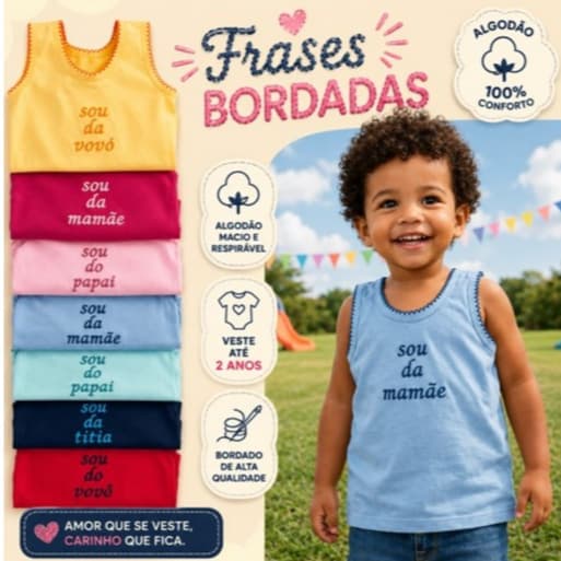 Kit 5 Camiseta Frases Bordada Regata Bebê Infantil Verão Menino Menina Algodão