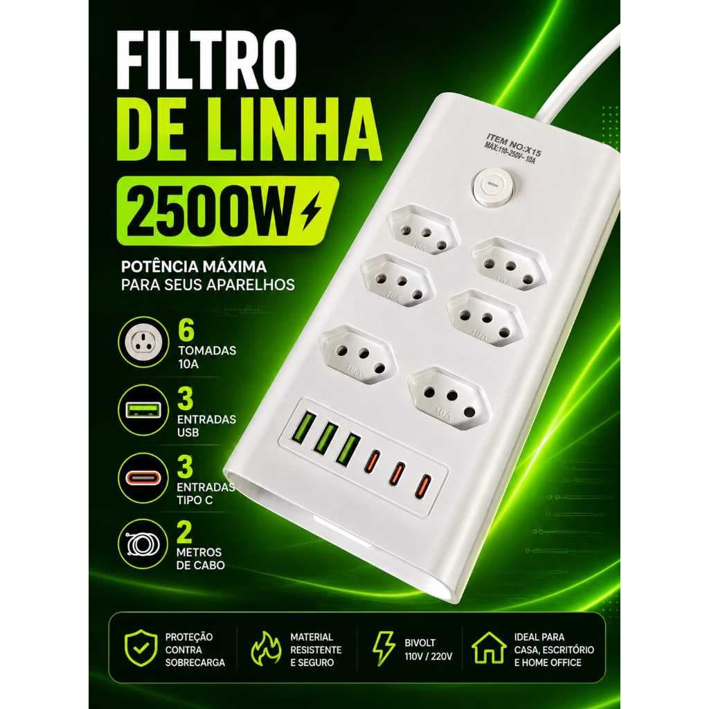 Filtro de linha, Régua, Extensão Elétrica 2M com 6 Tomadas, 3 USB, 3 Tipo C, Botão Liga e Desliga 110V/220V Bivolt
