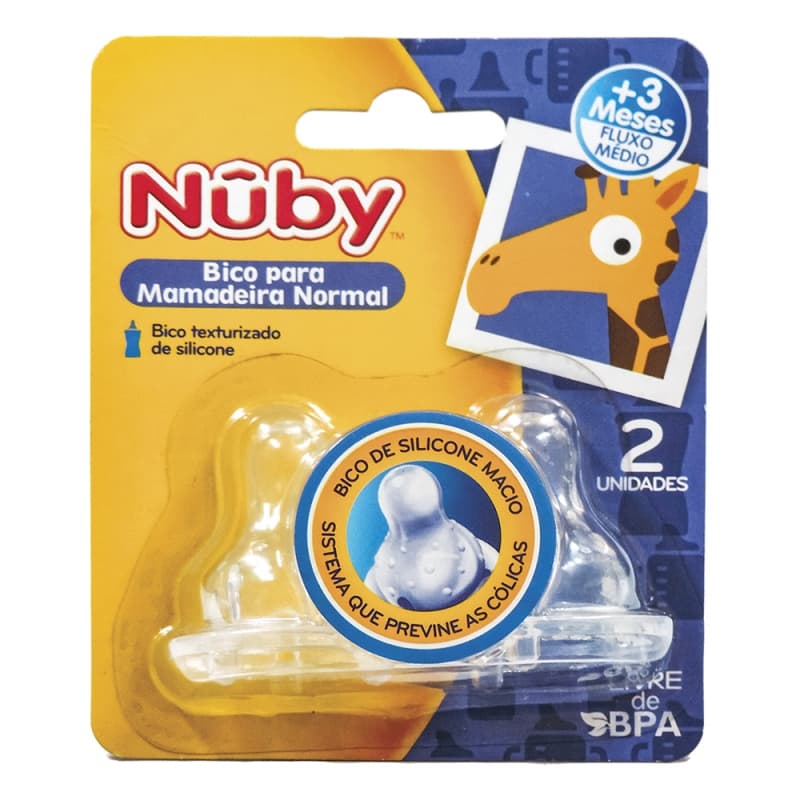 Bico para Mamadeira Normal Nûby Silicone Macio Anticólica Fluxo Médio +3 Meses com 2 Unidades