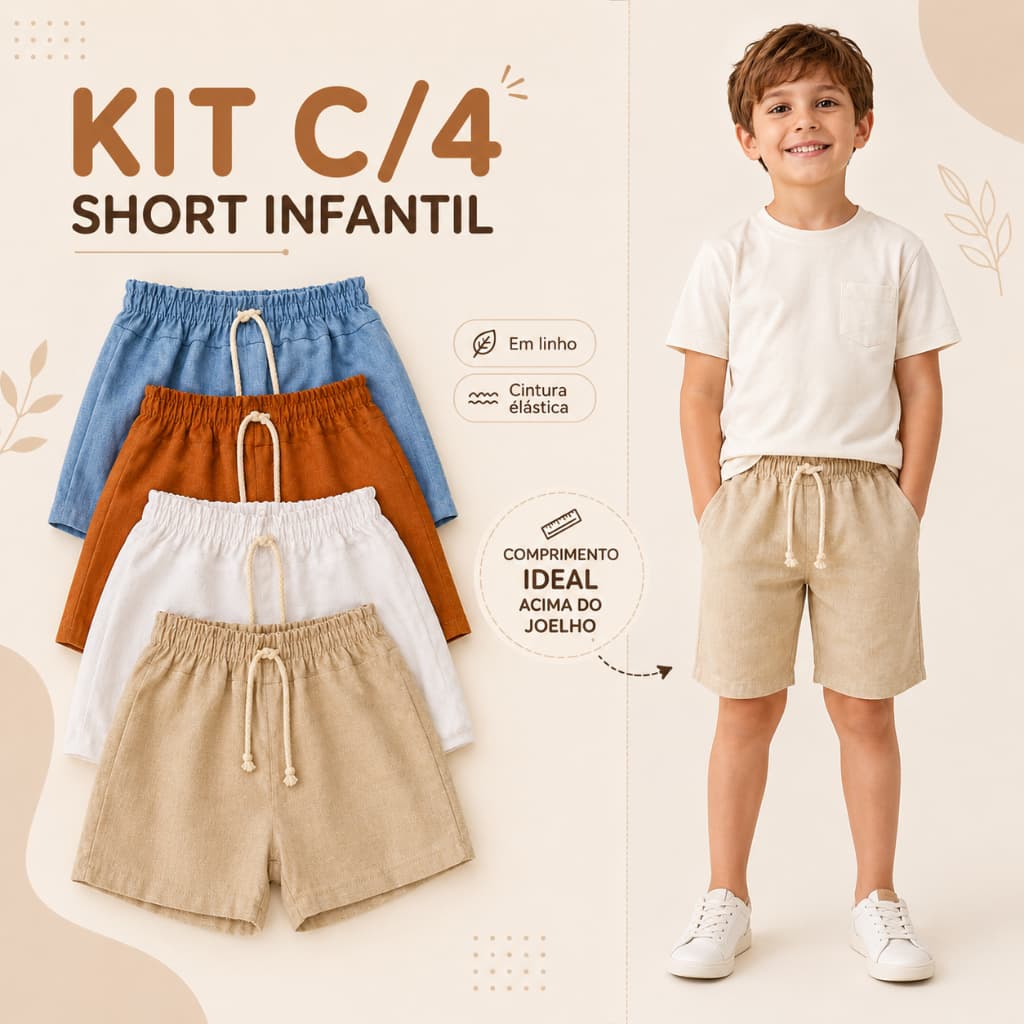 Kit c/4 Short Infantil - Tecido Linho de primeira qualidade 1 a 6 Anos