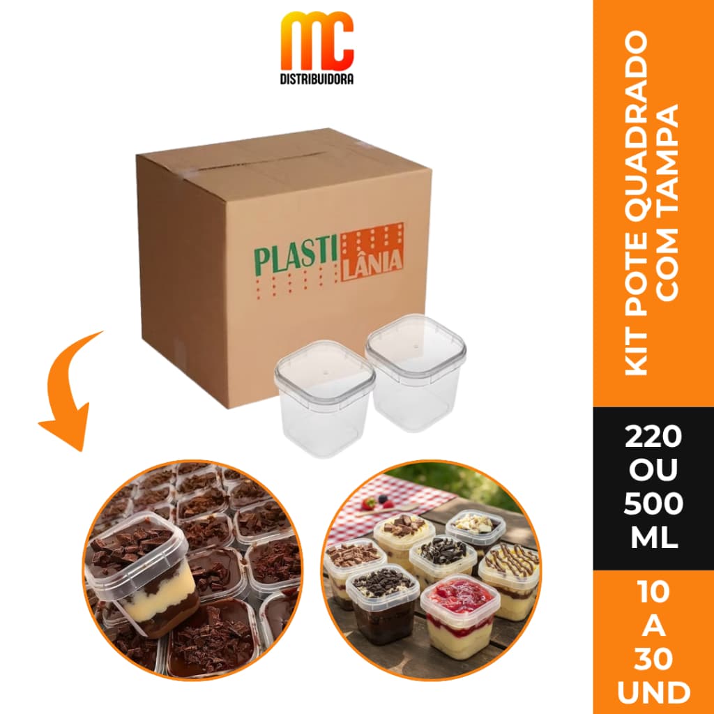 Kit Pote Quadrado Com Tampa Total Plast Para Delivery Armazenamento de Alimentos