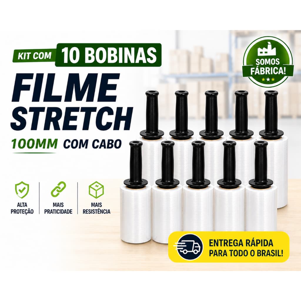 10 Rolos Filme Stretch C/ Cabo Aplicador (10cm) 100 Metros cada bobina - Ecommerce/Marcenaria/Móveis