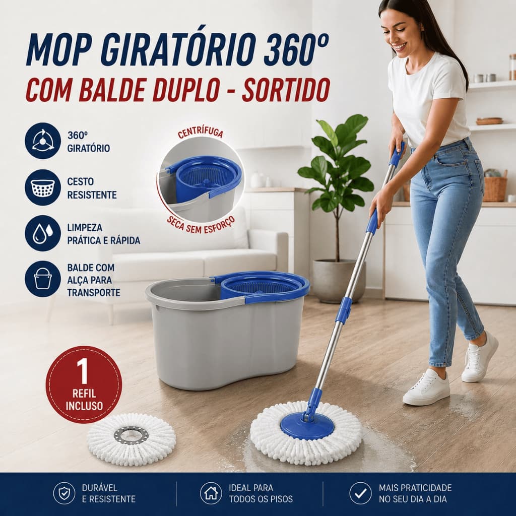 Mop Esfregão Giratório Cabo Aço Inoxidável Extensível Balde 8 Litros Esfregão Limpo 360