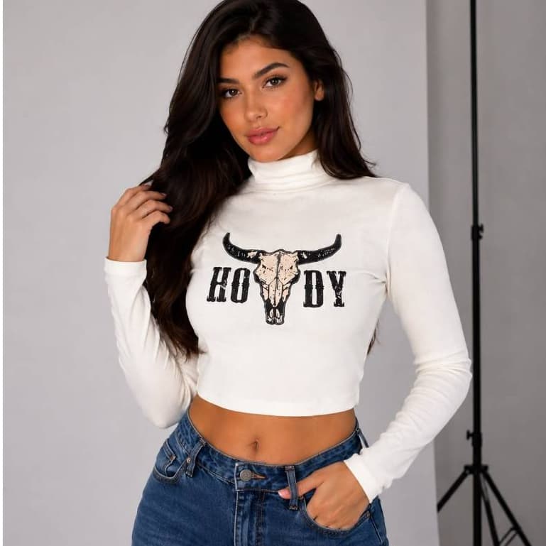 Blusa Feminina Manga Longa Gola Alta Canelada Cropped Estampada Country Howdy Moda Inverno Tendencia Premium