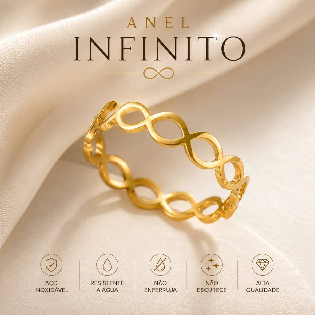 Anel Infinito Feminino Aço Inoxidável Dourado  Resistente à Água Não Escurece Aro 16 ao 21