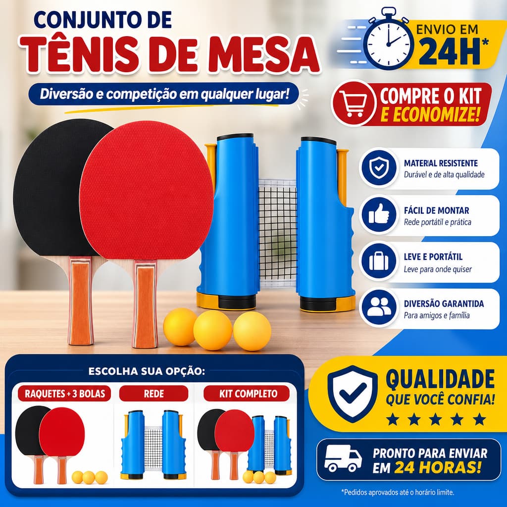 Kit Completo de Tênis de Mesa - Raquete, Rede e 3 Bolas