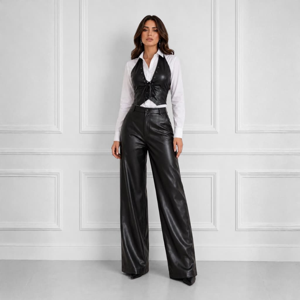 Conjunto 3 Peças Couro Cropped Ilhós Calça Wide Leg Camisa Social Country Rodeio