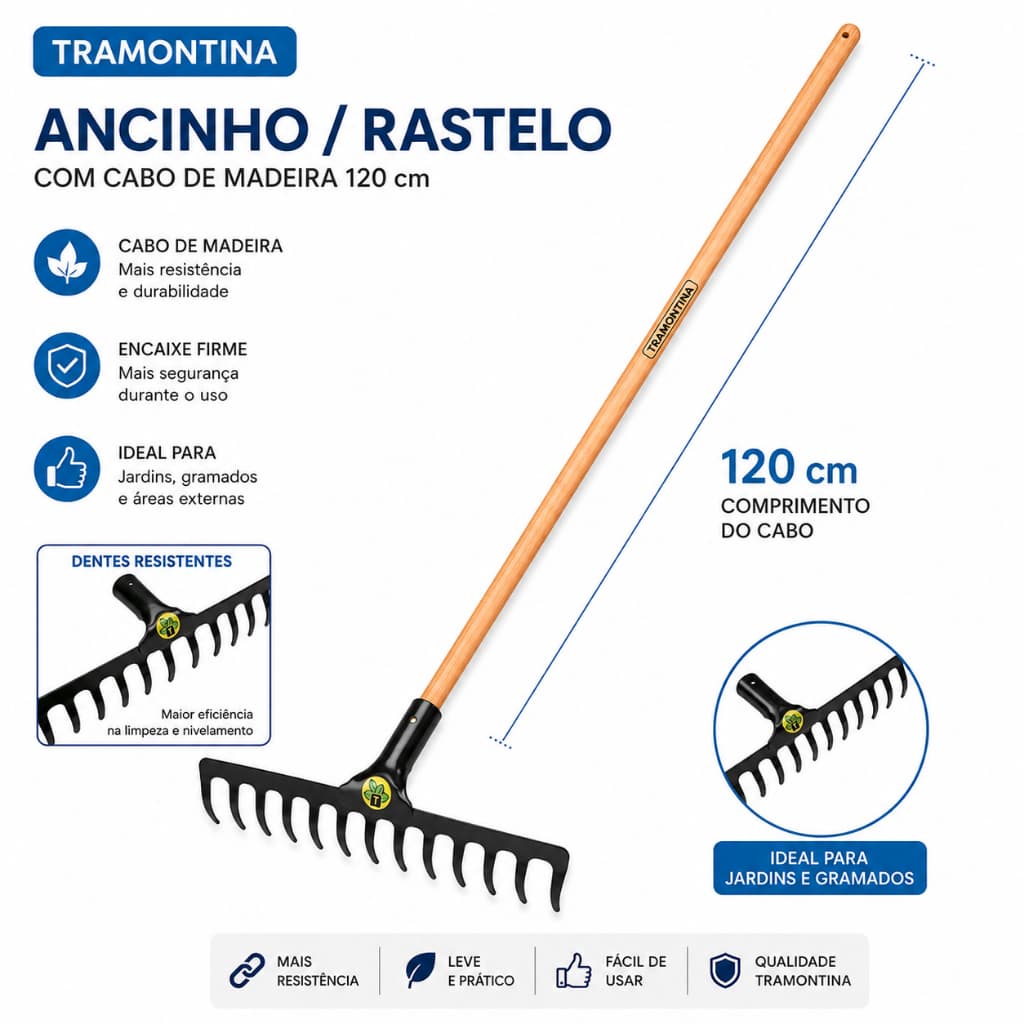 Ancinho Rastelo 16 Dentes de Ferro Grande Rastelar Grama Jardinagem Com ou S/ Cabo Tramontina