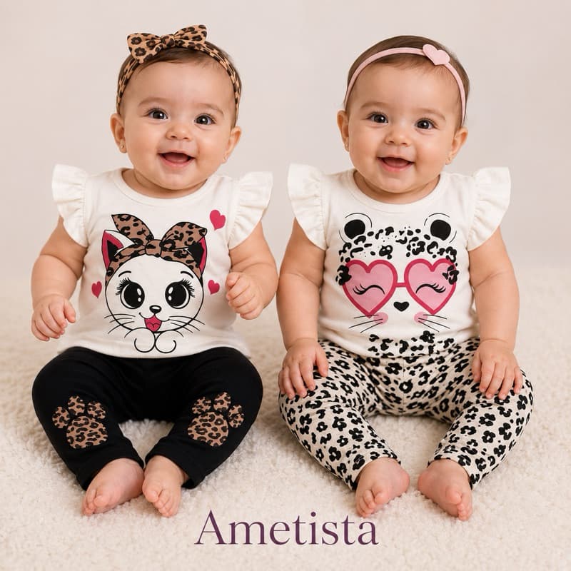 Kit 2 Conjuntos Bebê Menina 4 Peças Blusa e Calça Roupa Infantil Algodão 3 a 6 Meses Estampado