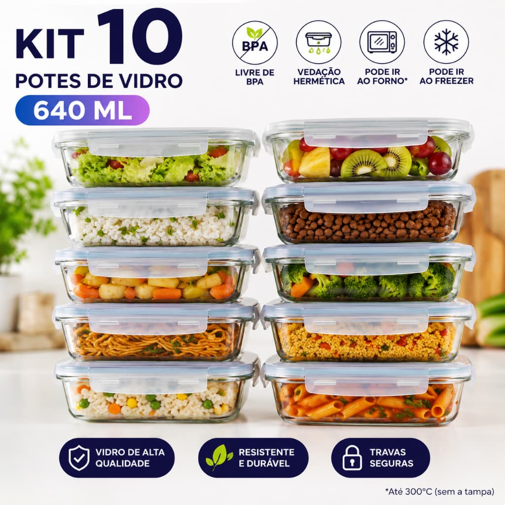 Kit 10 Potes Herméticos de Vidro 640ml Retangular com Tampa Hermética para Alimentos