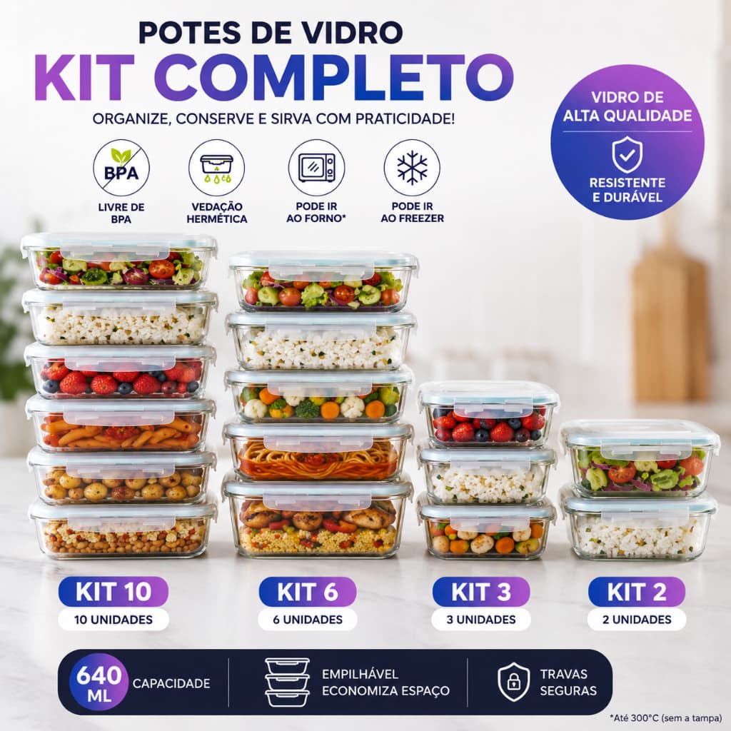 Pote Hermético de Vidro 640ml com Tampa Hermética Kit 1 2 3 6 10 Unidades