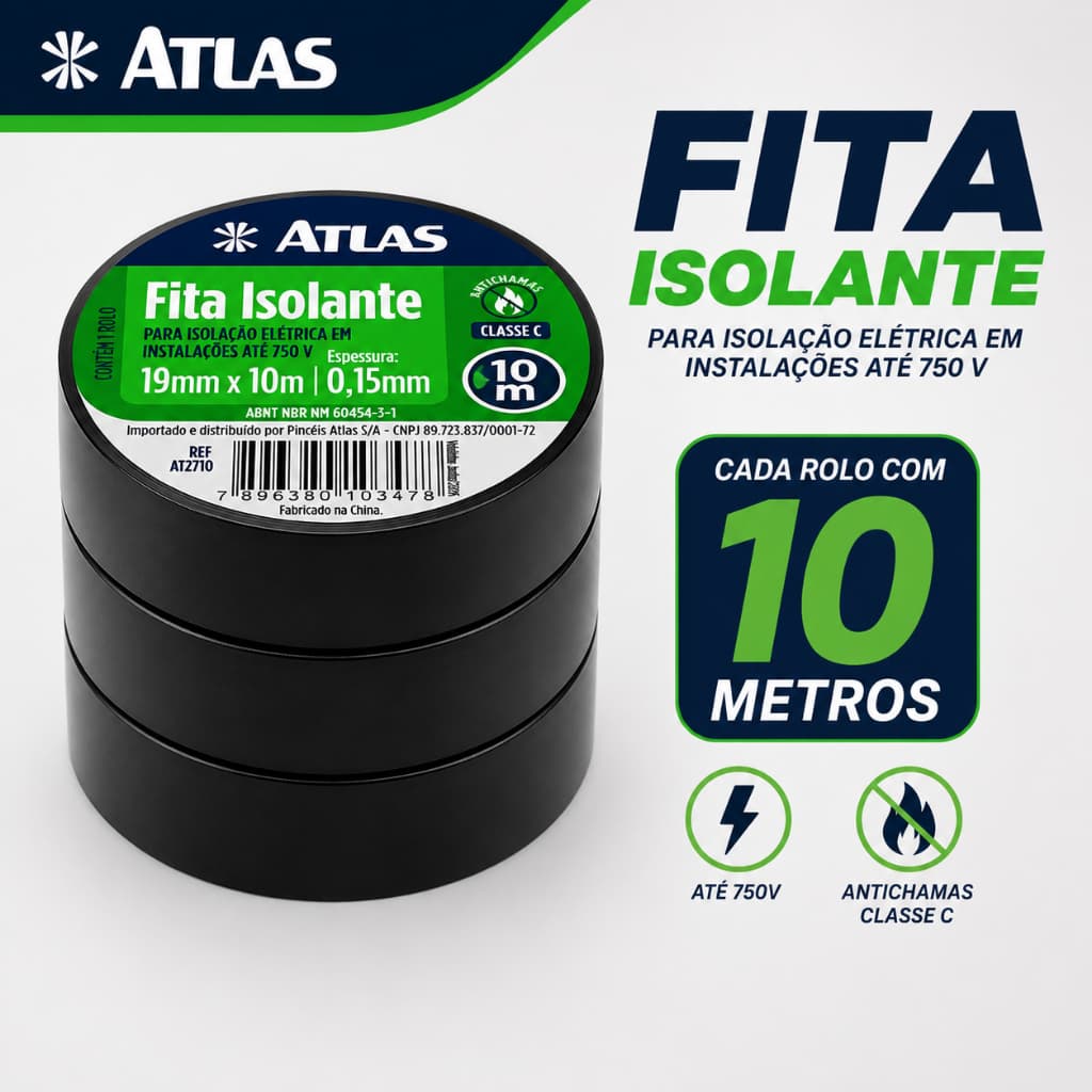 Fita Isolante Elétrica Fita Antimachas Profissional Atlas Fita Pvc Para Fios 10 Metros