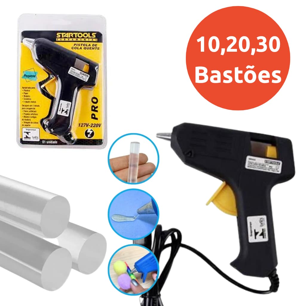 PISTOLA DE COLA QUENTE BIVOLT 8W, PEQUENA + 10, 20 OU 30 BASTÕES FINOS DE COLA, 110V / 220V, PROFISSIONAL