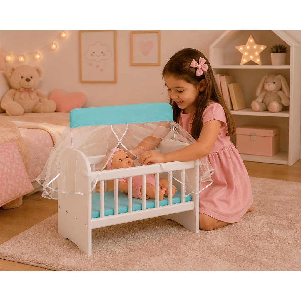 Berço de Boneca Ninar Azul Com Colchão e Mosquiteiro Brinquedo