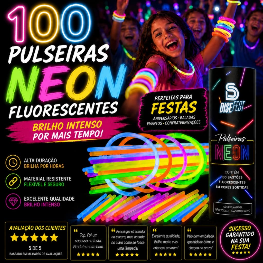 Kit 100 Pulseiras Neon Alto Brilho Fluorescente Festa Aniversários Tubo Diversas Cores Brilha Escuro