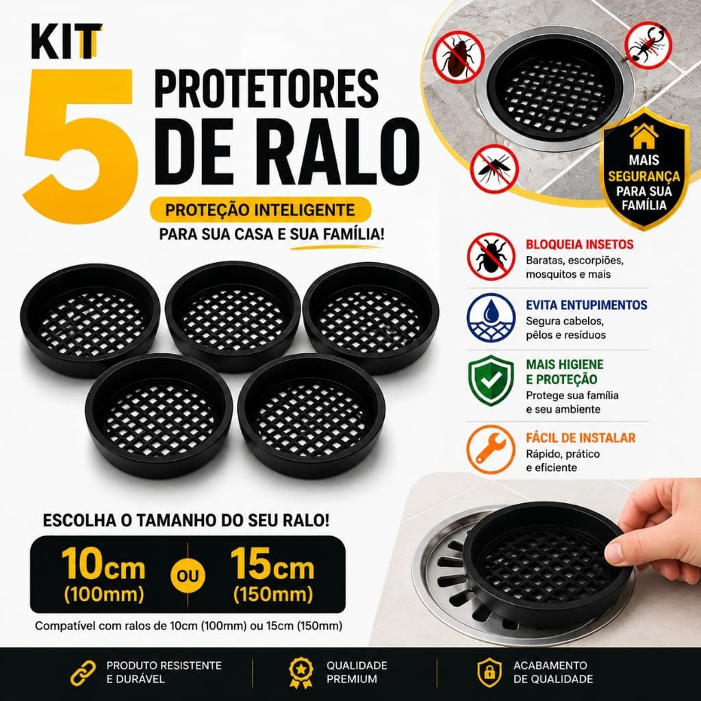 Kit 5 Tela Para Ralo Protetor Contra Insetos Dengue 10cm ou 15cm Preto