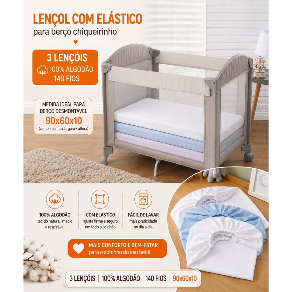 3 Lençol Chiqueirinho 90x60x10  - Percal 140 Fios