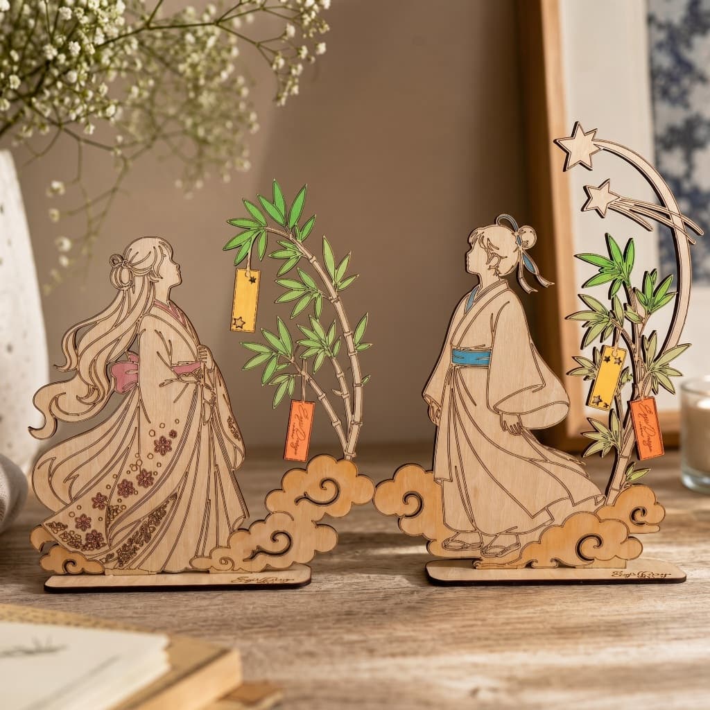 Enfeite MDF Casal Japonês Kimono - Decoração Otaku Anime - Bambu e Nuvens - Presente Criativo