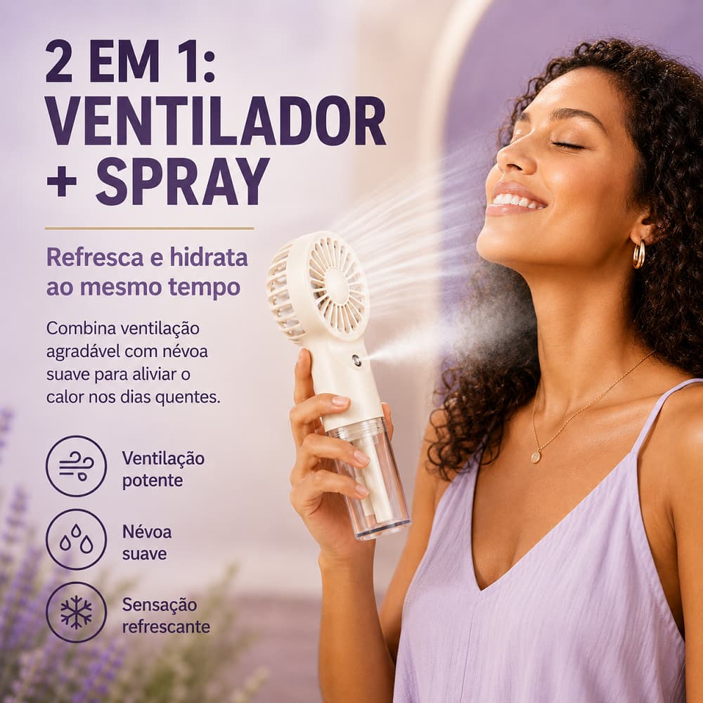 Mini Ventilador USB Portátil com Spray de Água –Vento Forte, Grande Reservatório, Super Silencioso, Autonomia Prolongada