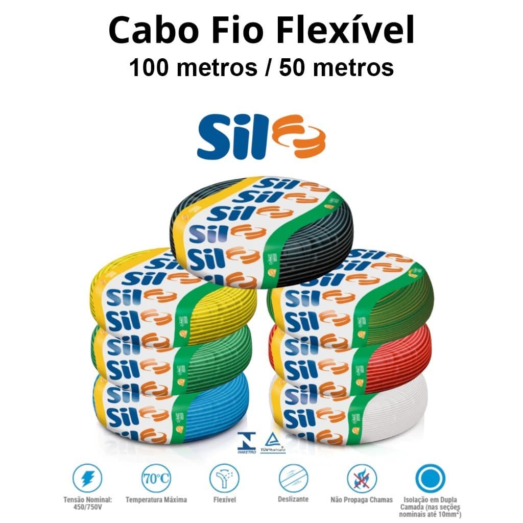 Cabo Flexível Sil 10mm² Anti Chama 750v Colorido 100m | 50m