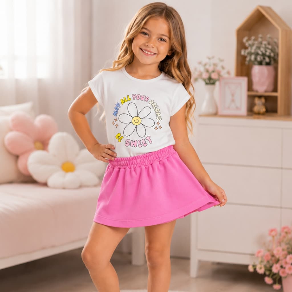 Conjunto Infantil Feminino Verão Shorts Saia Blusa Manga Curta Fresco Menina