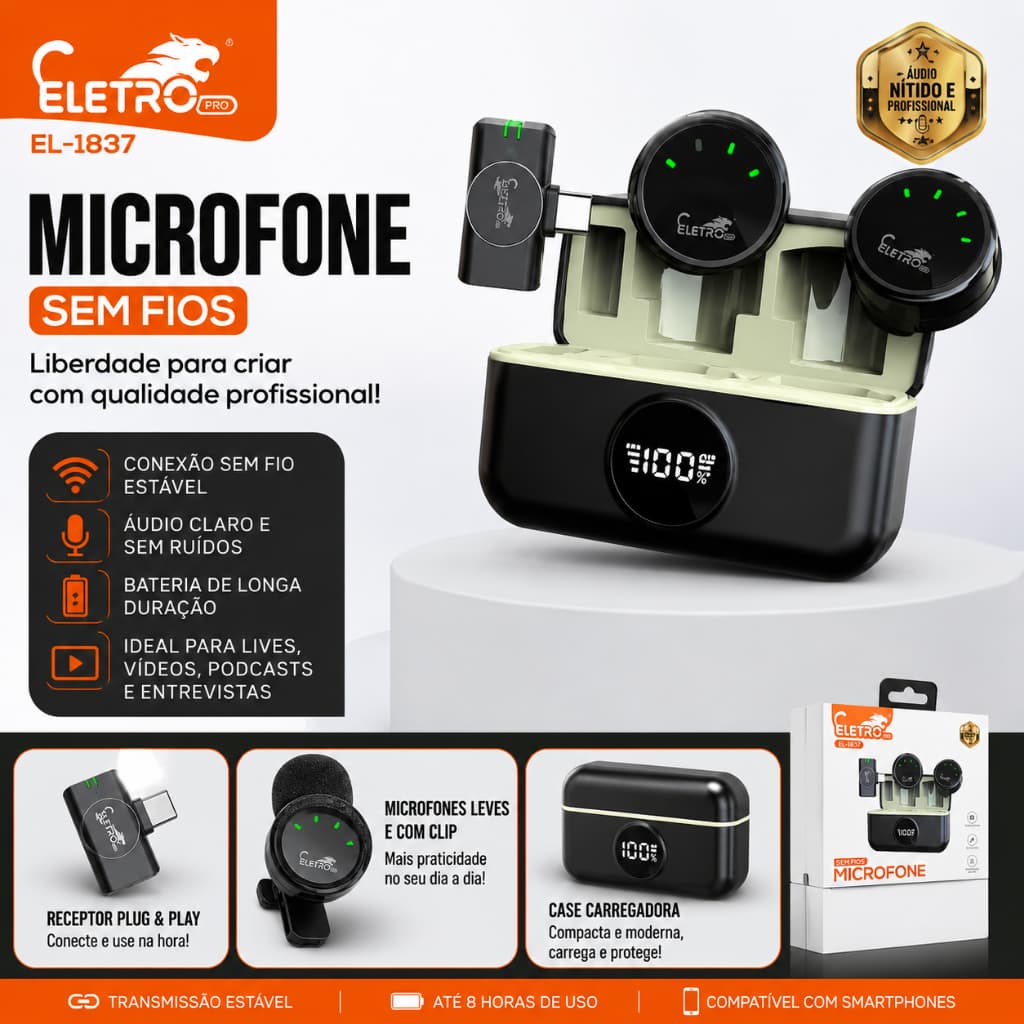Microfone sem Fio Profissional com 2 Microfone tipo C compativél ios,com Case Magnético
