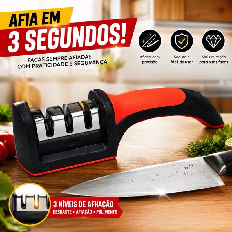 Amolador e Afiador para Faca, Tesoura Profissional com 3 Níveis de Afiadores em Aço Inox