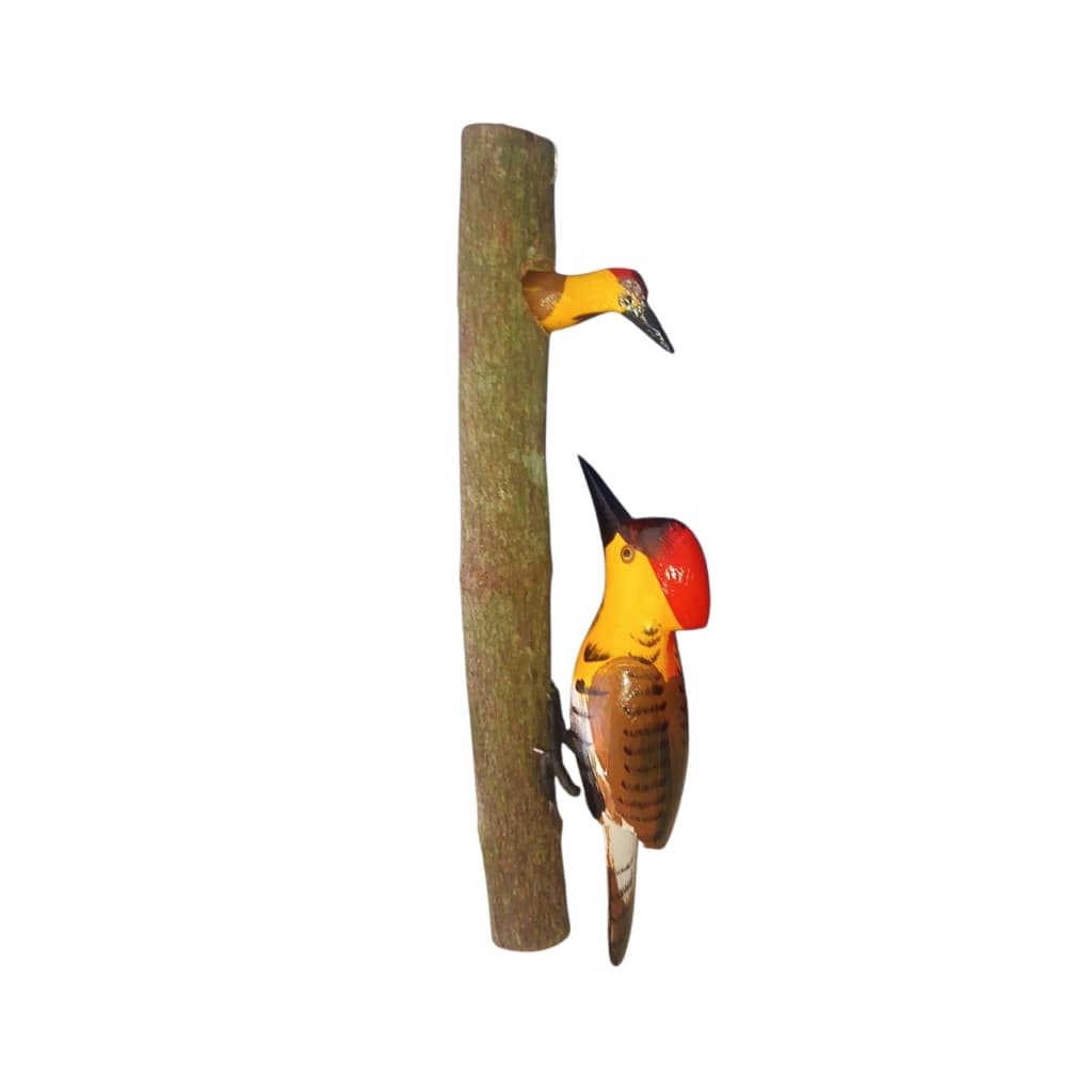 pica pau no toco com filhote enfeite rústico pássaro decorativo entalhado madeira ideal jardim chácara varanda