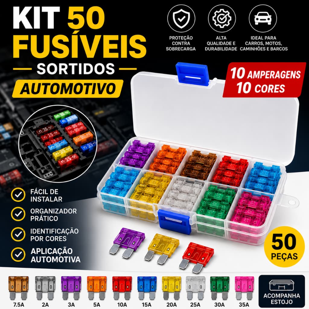 Kit de Fusíveis Automotivos 50 Peças, Fusíveis de Lâmina Padrão Carros/Caminhões 2A 3A 5A 7.5A 10A 15A 20A 25A 30A 35A