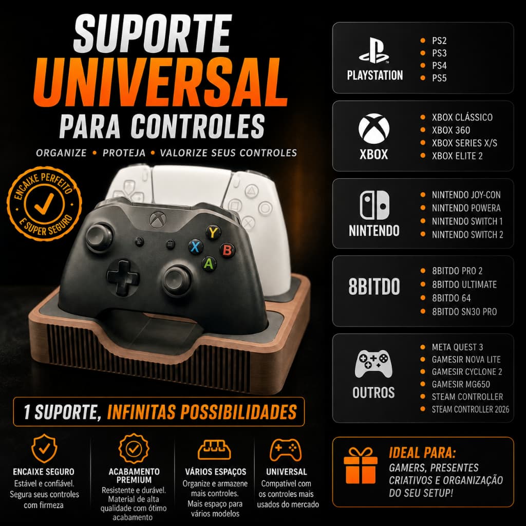 Suporte Organizador para Controles Gamer Universal Compatível com PS5 PS4 Xbox One Series X/S Nintendo Switch 8BitDo