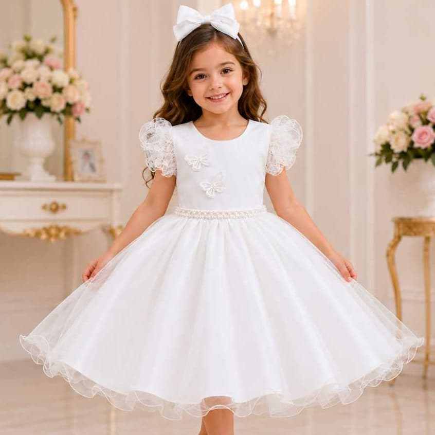 Vestido Infantil Princesa Luxo Tule Rodado Borboletas 3D Festa Batizado Daminha Menina