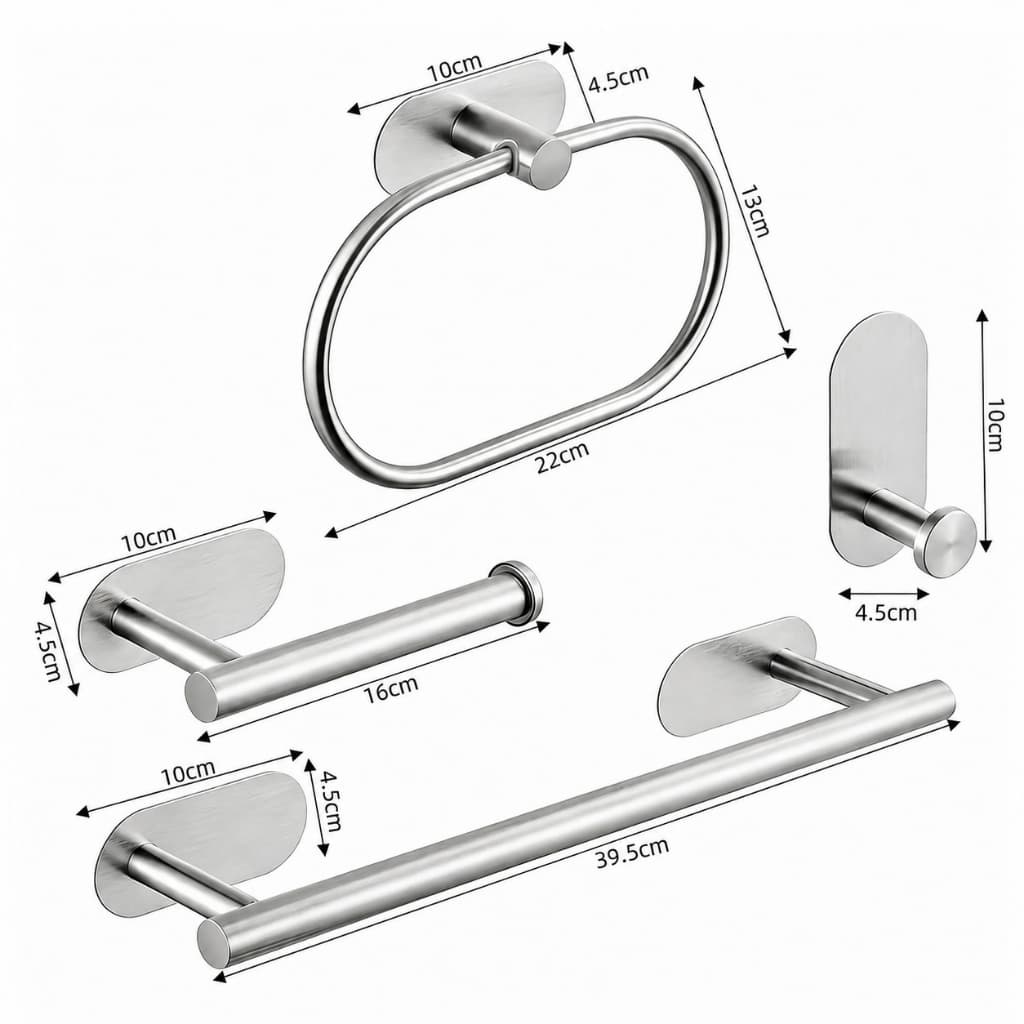 Kit 4 Peças Acessórios Banheiro Aço Inox Autoadesivo Sem Furação Porta Toalha e Gancho