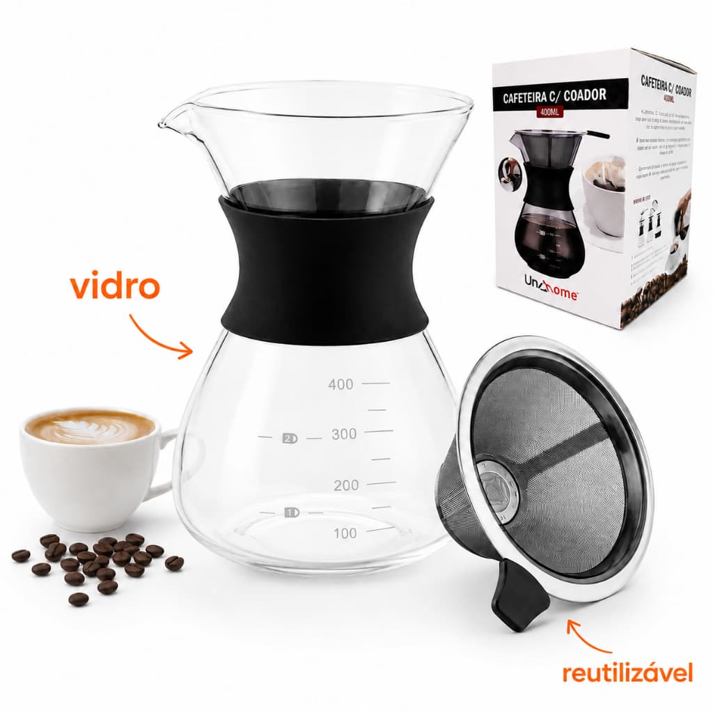 Cafeteira De Vidro Portátil + Coador De Café Inox