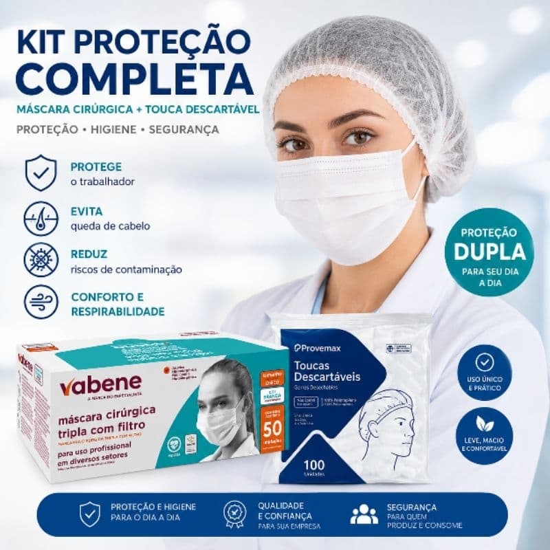 Kit Máscaras + Toucas: Mascara Descartáveis Tripla Camada Premium Branca - Proteção e Conforto com Clipe Nasal Ajustável