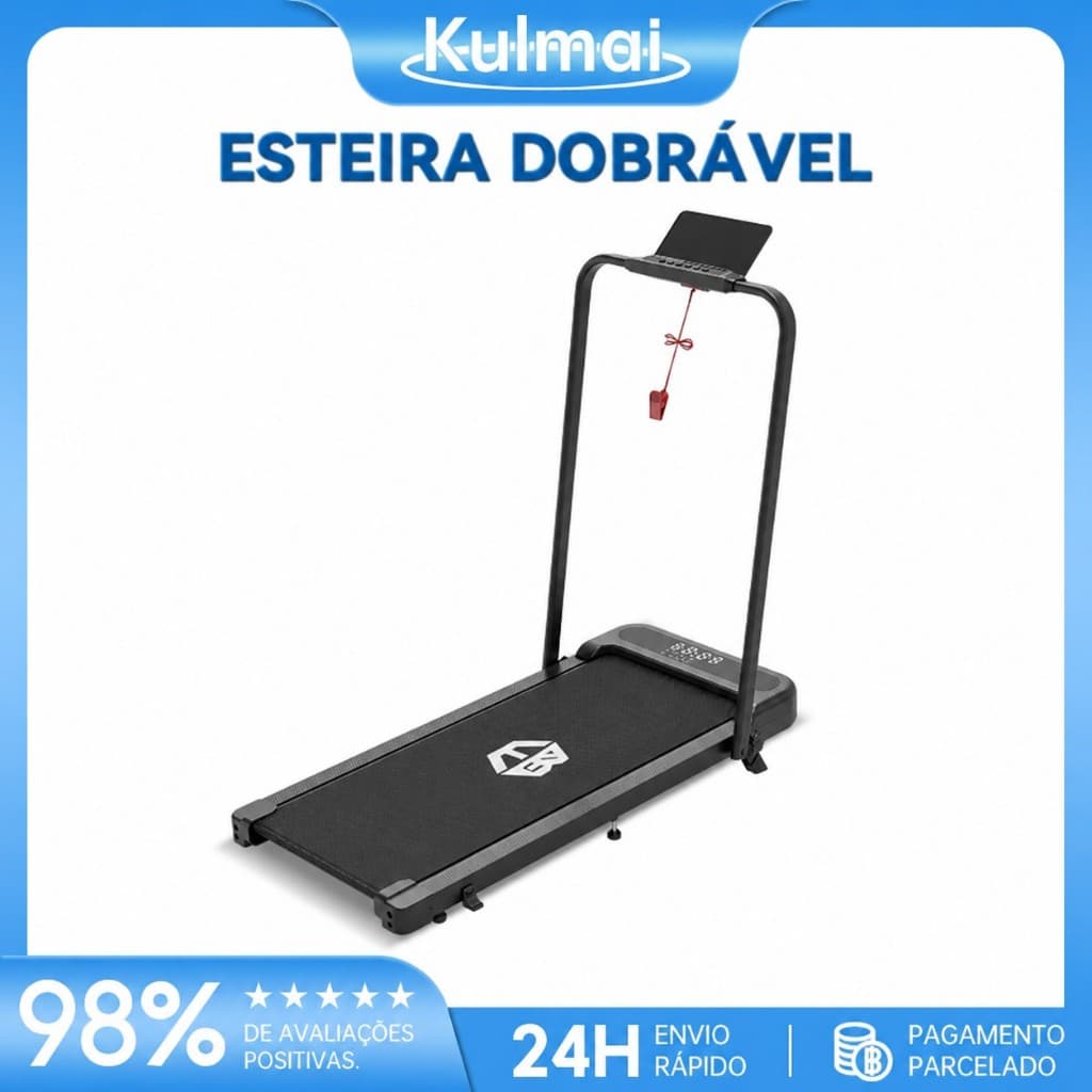 Esteira dobrável 3.5HP, 12km/h, bivolt 110/220V, silenciosa, Bluetooth, APP/remoto, painel LED com trava de segurança