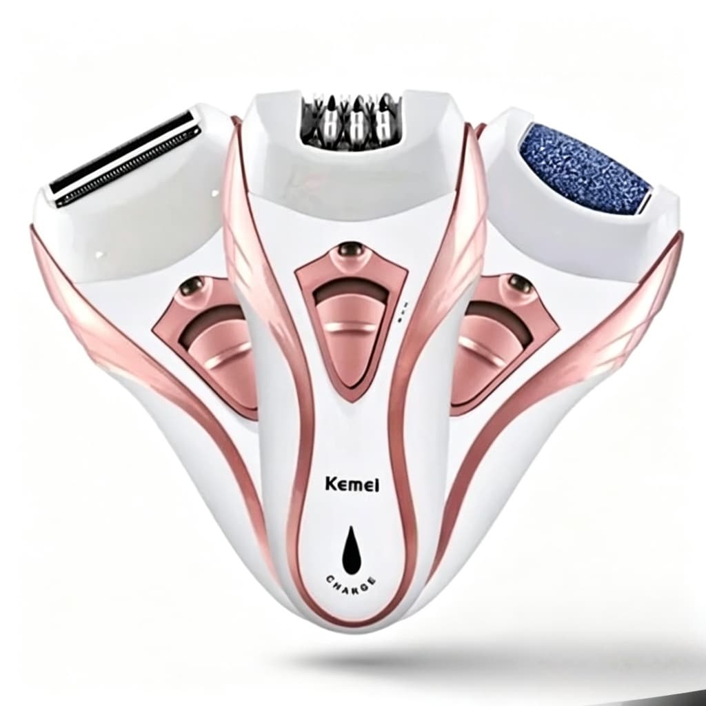 Depilador Elétrico Kemei KM-3010 Recarregável 3 em 1 Bivolt Com Lixador de pés e Aparador de pelos